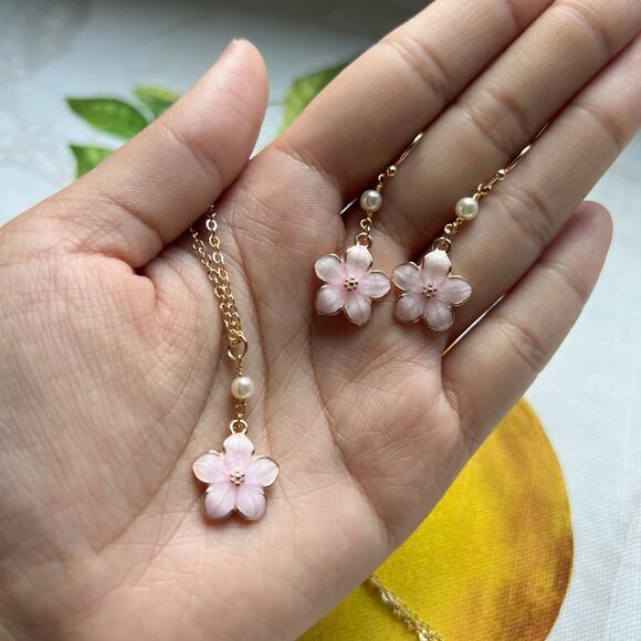 Kawaii Cherry Blossom Jewelry Set, Japanese Set, Cherry Blossom Jewelry Gift Set - Picture 2 of 10